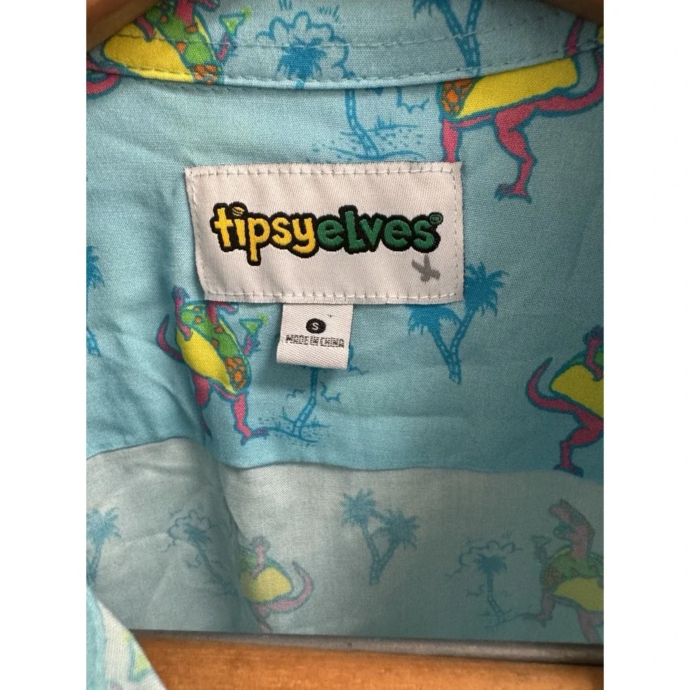 Tipsy Elves Shirt Mens Small Blue Tacosaurus Hawaiian Button Up Dinosaur Party